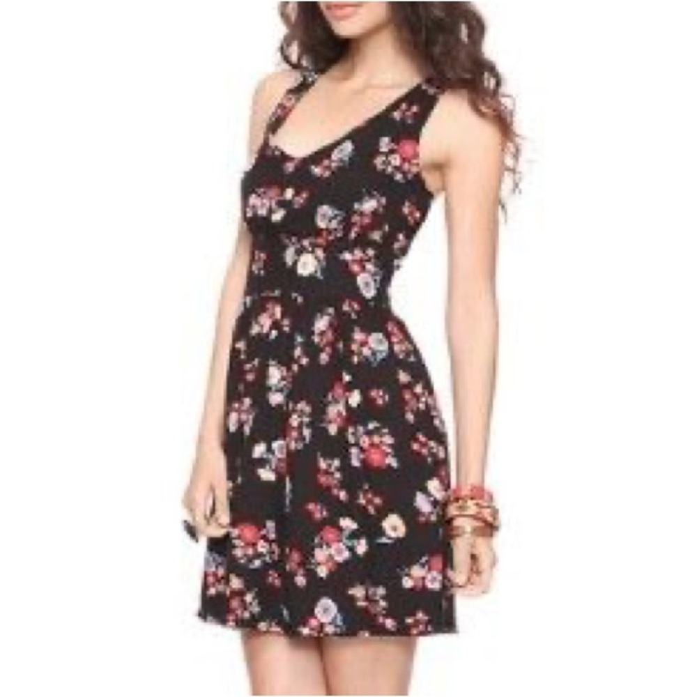 F21 black skater dress with florals